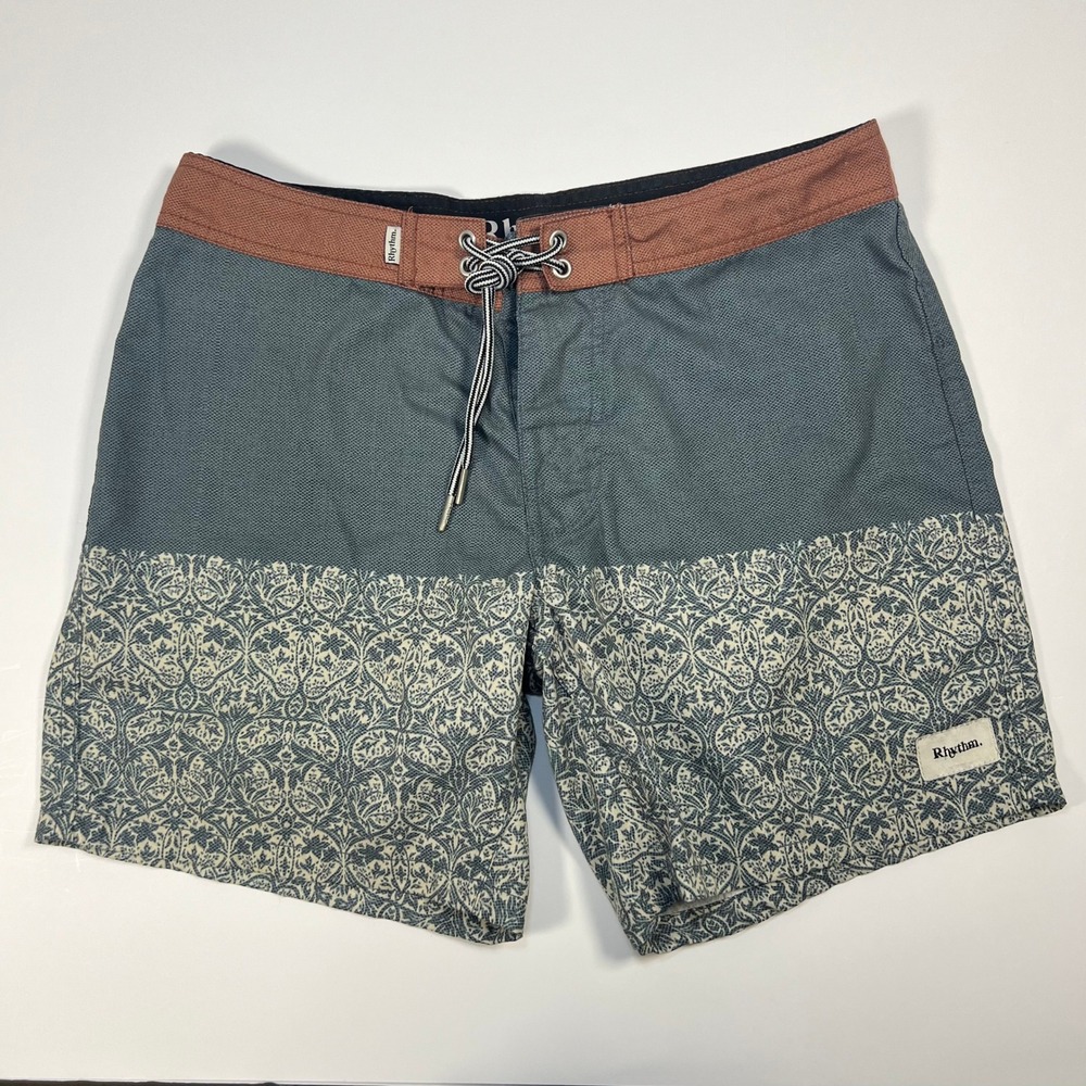 Rhythm Board Shorts Mens 30 Blue Rust Floral Paisley Colorblock Swim Trunks